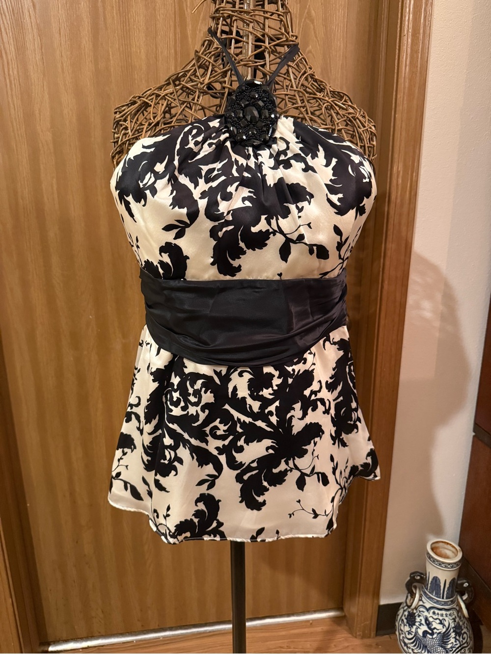 White House Black Market Black and White Beaded Halter Camisole